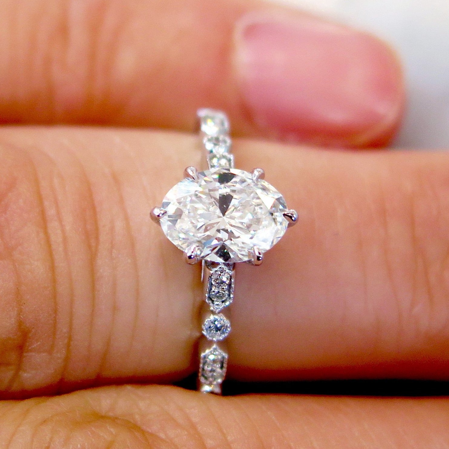 Engagement Ring -Art Deco Oval Diamond Engagement Ring Blue Sapphire  Halo-ES1342